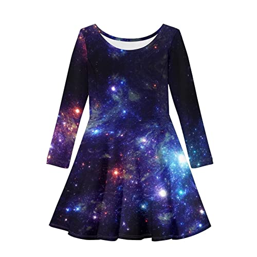 HUIACONG Kleinkind Langarm Kleid Mädchen A-Linie Swing Kleid für 3-16 Jahre, Galaxie Sternenhimmel, 11-12 Jahre von HUIACONG