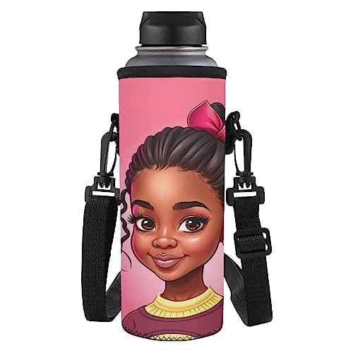 HUIACONG Laugh Afro Mädchen Wasserflasche Träger Isolierte Neopren Wasserflasche Tasche 1000 ml oder 750 ml Rosa Wasserflasche Halter Tasche Fall Fall Abdeckung Verstellbarer Schultergurt von HUIACONG