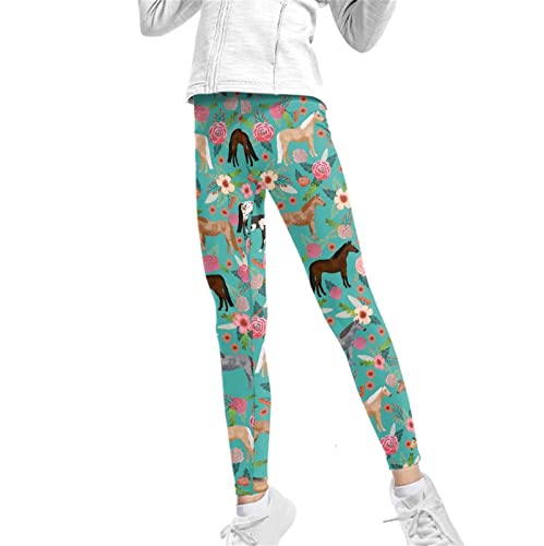 HUIACONG Mädchen Leggings Größe 37-47 Capri Leggings Slim Dünn Kinder Hose, Pferd, Blumenmuster, Grün, 6-7 Jahre von HUIACONG