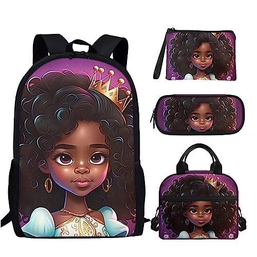 HUIACONG Rucksack, Lunch-Tasche, Federmäppchen, Münzgeldbörse für Kinder, Schultaschen-Set, Afrikanische Mädchen Prinzessin Lila, One size von HUIACONG