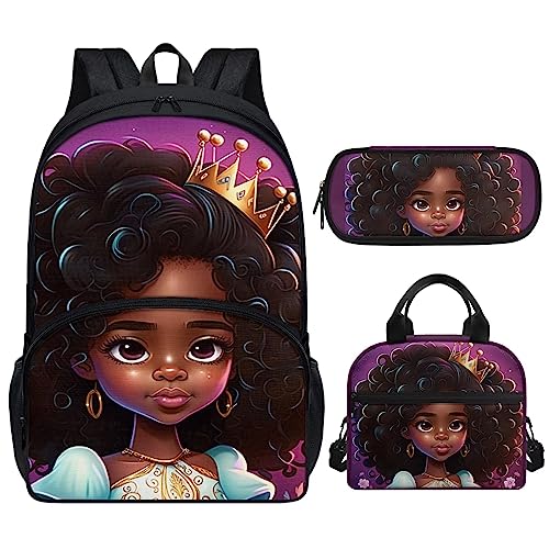 HUIACONG Rucksack für Jungen und Mädchen, Rucksack, Lunch-Tasche, Federmäppchen für Kinder von 5 bis 19 Jahren, Afrikanische Mädchen Prinzessin Lila, Einheitsgröße von HUIACONG