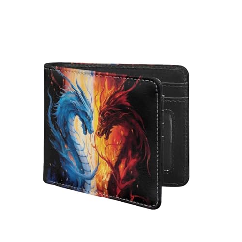 HUIACONG Schlanke, dünne Herren-Brieftaschen mit 2 Ausweisfenstern, Kartenfach, Bargeldaufbewahrung, Flammenrote blaue Drachen, Einheitsgröße, Casual von HUIACONG