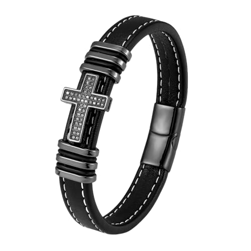 HUIANGLIYG Armband Herren, Zirkon Kreuz Lederseil Armband für Herren, Klassisch, Handgefertigt, Geflochtenes Armreif mit Magnetverschluss, Religiöser Glaube, Armreif, Geschenk für Weihnachten, Ju von HUIANGLIYG