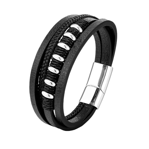 HUIANGLIYG Armband Herren Leder,Herren Echtleder Armband Mehrlagig Geflochten Armreif Schwarz Handgemacht Wickelarmband Vintage Punk Charm Schmuck Geschenkidee für Ihn Silberschnalle 21Cm von HUIANGLIYG