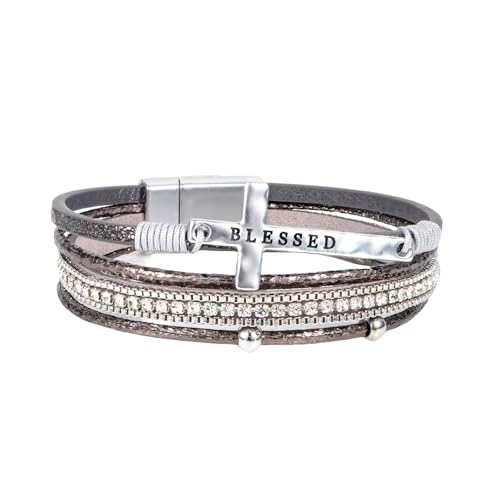 HUIANGLIYG Böhmisches Kreuz Lederarmband für Damen, Mehrlagig, Geflochten, Handgefertigt, Strass Perlen, Wickelarmreif, Glaubensarmband für Herren, Christlicher Schmuck, Geschenke, Grau, 18,5 Cm von HUIANGLIYG