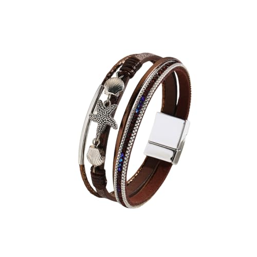 HUIANGLIYG Boho Seestern Muscheln Leder Wickelarmband für Damen Mehrlagig Handgefertigt Geflochtenes Leder Breite Armbänder Böhmen Strass Manschettenarmband Mutter Schmuck Geschenke Zum Geburtsta von HUIANGLIYG