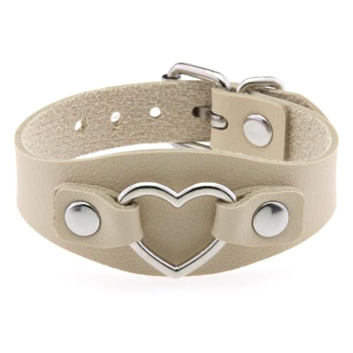 HUIANGLIYG Damen Lederarmband Verstellbar Herzförmig Breites Handgemachtes Armband mit Dornschließe Punk Y2K Mädchen Manschettenarmreif Geschenke für Halloween Weihnachten Aprikose von HUIANGLIYG