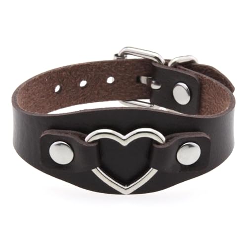 HUIANGLIYG Damen Lederarmband Verstellbar Herzförmig Breites Handgemachtes Armband mit Dornschließe Punk Y2K Mädchen Manschettenarmreif Geschenke für Halloween Weihnachten Dunkelbraun von HUIANGLIYG