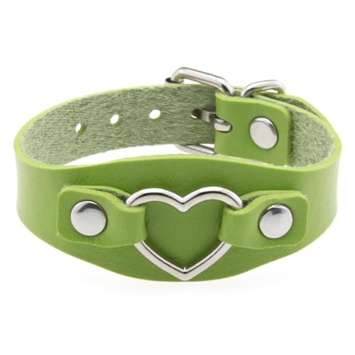 HUIANGLIYG Damen Lederarmband Verstellbar Herzförmig Breites Handgemachtes Armband mit Dornschließe Punk Y2K Mädchen Manschettenarmreif Geschenke für Halloween Weihnachten Grün von HUIANGLIYG