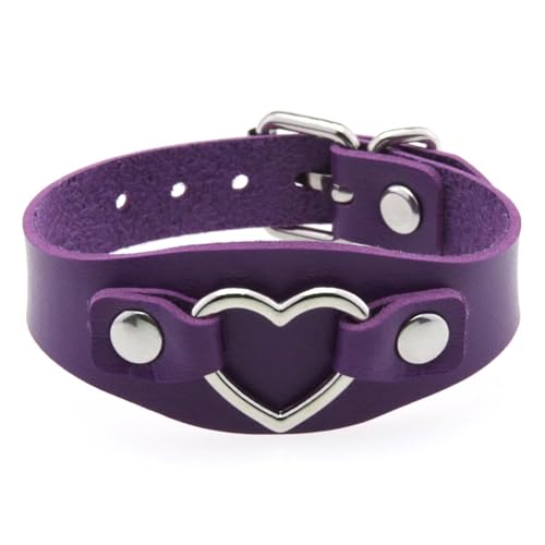 HUIANGLIYG Damen Lederarmband Verstellbar Herzförmig Breites Handgemachtes Armband mit Dornschließe Punk Y2K Mädchen Manschettenarmreif Geschenke für Halloween Weihnachten Lila von HUIANGLIYG