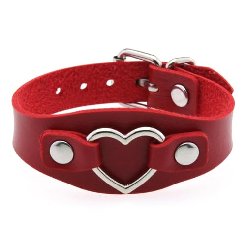 HUIANGLIYG Damen Lederarmband Verstellbar Herzförmig Breites Handgemachtes Armband mit Dornschließe Punk Y2K Mädchen Manschettenarmreif Geschenke für Halloween Weihnachten Rot von HUIANGLIYG