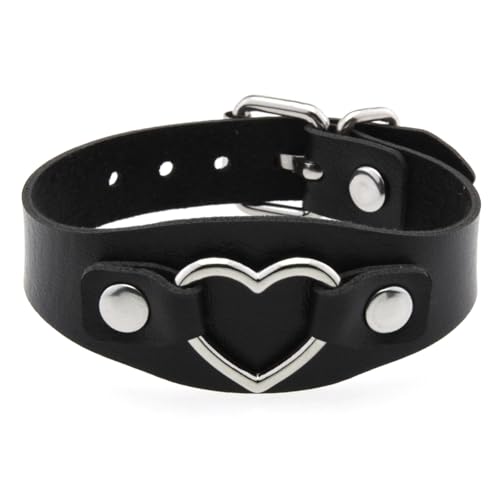 HUIANGLIYG Damen Lederarmband Verstellbar Herzförmig Breites Handgemachtes Armband mit Dornschließe Punk Y2K Mädchen Manschettenarmreif Geschenke für Halloween Weihnachten Schwarz von HUIANGLIYG