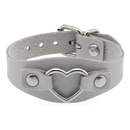 HUIANGLIYG Damen Lederarmband Verstellbar Herzförmig Breites Handgemachtes Armband mit Dornschließe Punk Y2K Mädchen Manschettenarmreif Geschenke für Halloween Weihnachten Silber von HUIANGLIYG