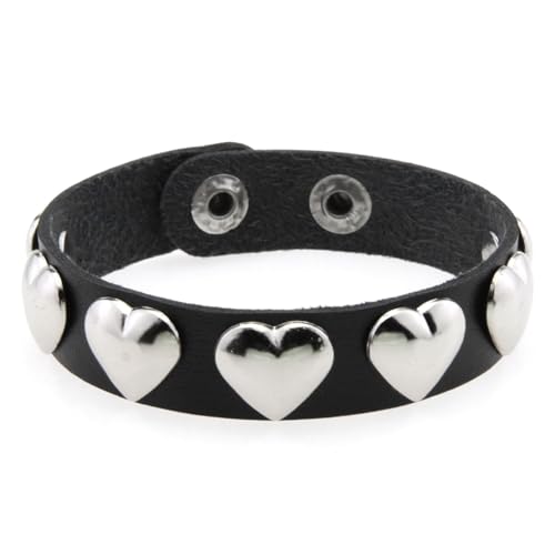 HUIANGLIYG Damen Lederarmband mit Liebesherz, Verstellbar, 21,8 Cm, Klassisch, Handgefertigt, mit Doppeltem Druckknopf, Punk Gothic Paar Armreif, Geschenk für Halloween, Weihnachten, Schwarz von HUIANGLIYG