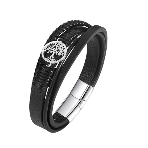 HUIANGLIYG Echtleder Armbänder mit Lebensbaum Motiv für Herren und Damen, Mehrlagig, Gedreht, Geflochten, Wikinger Armreif mit Magnetverschluss, Ethnischer Stammesschmuck, Geschenk für Jungen und von HUIANGLIYG