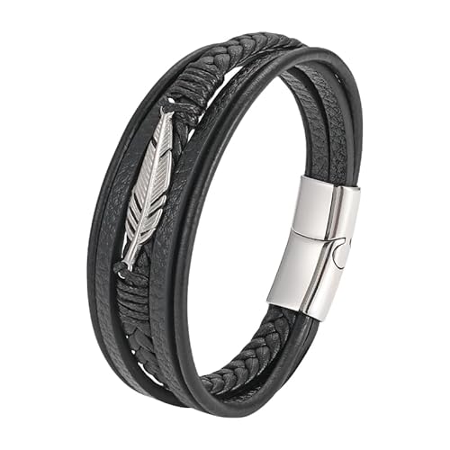 HUIANGLIYG Feder Lederarmband für Herren, Wikinger, Mehrlagig, Geflochtenes Echtlederarmband, Schwarz, Vintage, Punk, Feder Manschettenarmreif, Schmuck, Geschenk für Damen und Herren, Silber, 20,5 von HUIANGLIYG