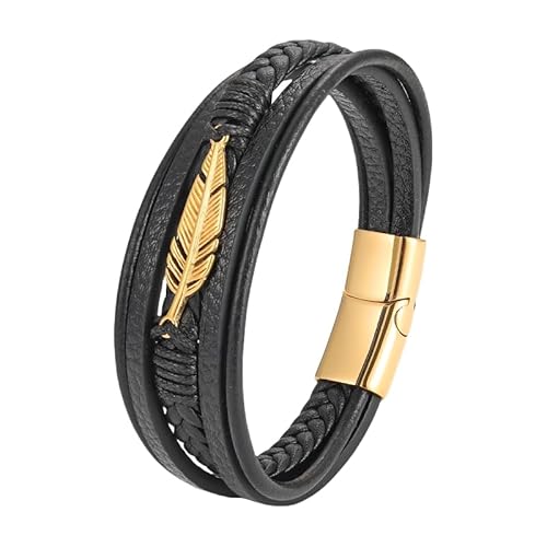 HUIANGLIYG Feder Lederarmband für Herren, Wikinger, Mehrlagig Geflochtenes Echtlederarmband, Schwarz, Vintage, Punk, Feder Manschettenarmreif, Schmuck, Geschenk für Damen und Herren, Gold, 19 Cm von HUIANGLIYG