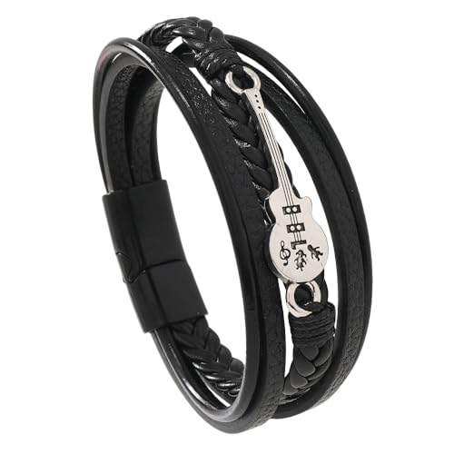 HUIANGLIYG Herren Armband Aus Leder, Schwarz, Mehrlagig, Handgefertigt, Geflochten, Gitarren Armreif mit Magnetverschluss, Punk Gothic Armband, Schmuck für Halloween, Weihnachten, Schwarz, 23 Cm von HUIANGLIYG