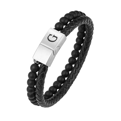 HUIANGLIYG Herren Armband Aus Zweireihigem Geflochtenem Leder mit Initialen, 6 Mm, Mattiertem Achatstein, Perlen, Handgefertigt, Verstellbarer Magnetverschluss, Schmuck, Geschenke für Ehemann, Vate von HUIANGLIYG