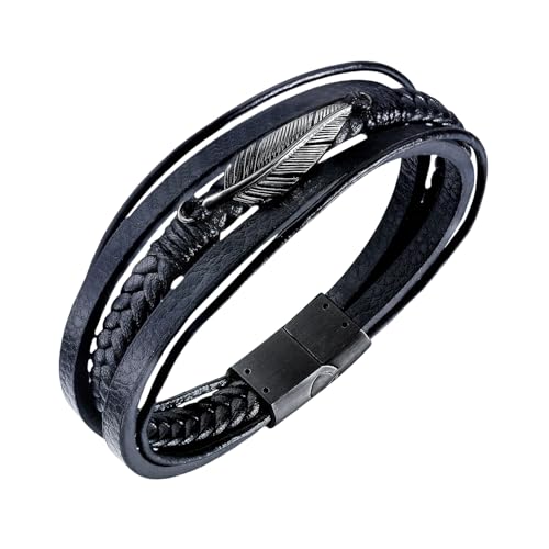 HUIANGLIYG Herren Armreif Aus Geflochtenem Echtleder mit Federblatt, Mehrlagig, Gedreht, Gewebtes Lederseil Armband, Vintage, Lässig, Feder Manschette, Armband für Abschlussfeier, Geburtstagsgesch von HUIANGLIYG