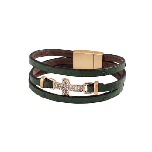 HUIANGLIYG Herren Damen Kreuz Lederarmband Breites Mehrlagiges Geflochtenes Handgefertigtes Armband Boho Zirkonia Kreuz Armreif mit Magnetverschluss Modeschmuck Geschenk für Paare Grün 19Cm von HUIANGLIYG