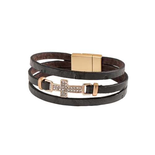 HUIANGLIYG Herren Damen Kreuz Lederarmband Breites Mehrlagiges Geflochtenes Handgefertigtes Armband Boho Zirkonia Kreuz Armreif mit Magnetverschluss Modeschmuck Geschenk für Paare Schwarz 18Cm von HUIANGLIYG