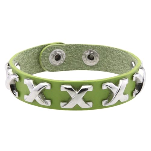 HUIANGLIYG Herren Damen Lederarmband Verstellbar, Klassischer Buchstabe X Handgefertigte Armbänder mit Druckknopf Punk Gothic Wickelarmband Geschenk für Halloween Weihnachten Grün von HUIANGLIYG