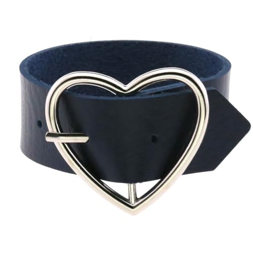 HUIANGLIYG Herren Damen Lederarmband Verstellbar Herzförmige Dornschließe Breites Handgefertigtes Armband Armreif Punk Y2K Mädchen Halsband Halsketten Geschenke für Halloween Weihnachten Dunkelblau von HUIANGLIYG