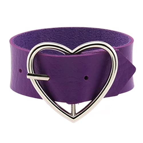 HUIANGLIYG Herren Damen Lederarmband Verstellbar Herzförmige Dornschließe Breites Handgefertigtes Armband Armreif Punk Y2K Mädchen Halsband Halsketten Geschenke für Halloween Weihnachten Lila von HUIANGLIYG