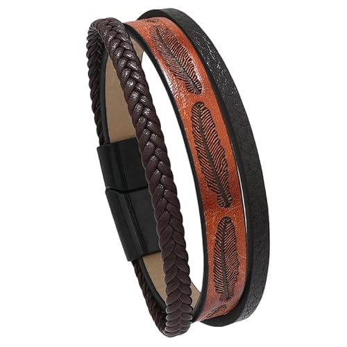 HUIANGLIYG Herren Lederarmband mit Federprägung, Mehrsträngig, Handgefertigt, Geflochten, Vintage Armband mit Breiter Federgravur, für Vatertags Gedenkgeschenke, Orange, 23,5 Cm HUIANGLIYG Herren Lederarmband mit Federprägung, Mehrsträngig, Handgefertigt, Geflochten, Vintage Armband mit Breiter Federgravur, für Vatertags Gedenkgeschenke, Orange, 23,5 Cm von HUIANGLIYG
