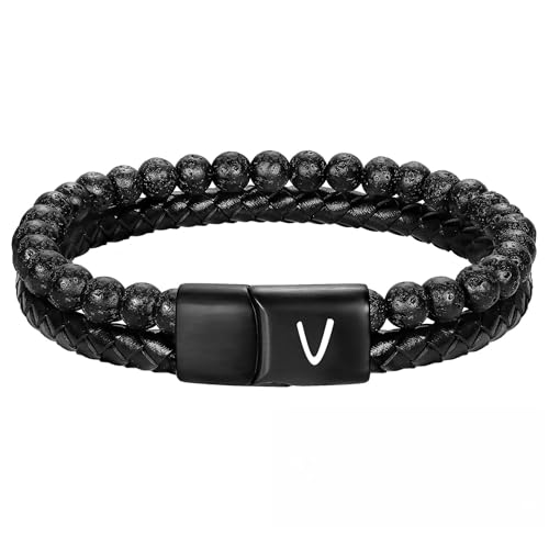 HUIANGLIYG Herren Lederarmband mit Initialen, Verstellbar, Zweireihig, Geflochten, Natürliche Lavasteinperlen, Personalisierter Großbuchstabe Az, Manschettenarmband, Schmuck, Geschenk für Ehemann von HUIANGLIYG