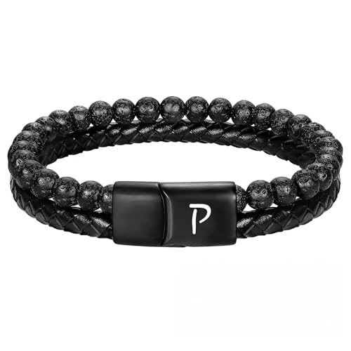 HUIANGLIYG Herren Lederarmband mit Initialen, Verstellbar, Zweireihig, Geflochten, Natürliches Lavastein Perlenarmband, Personalisierter Großbuchstabe Az, Manschettenarmband, Schmuck, Geschenk fü von HUIANGLIYG