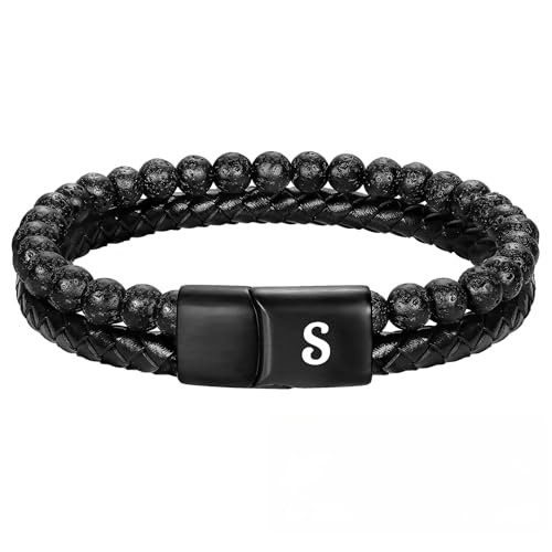 HUIANGLIYG Herren Lederarmband mit Initialen, Verstellbar, Zweireihig, Geflochten, Natürliches Lavastein Perlenarmband, Personalisierter Großbuchstabe Az, Manschettenarmband, Schmuck, Geschenk fü von HUIANGLIYG