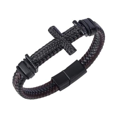 HUIANGLIYG Herren Lederarmband mit Kreuz, Handgefertigt, Geflochtenes Rindslederarmband mit Magnetverschluss, Klassischer Religiöser Glaube, Manschettenarmreif, Breite Armbänder, Schmuck, Geschenk von HUIANGLIYG