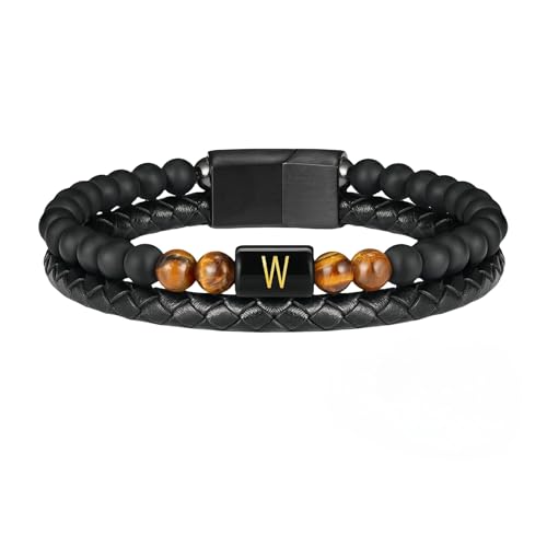 HUIANGLIYG Herren Lederarmband mit Tigerauge Stein und Initialen, Klassisch, Zweireihig, Geflochten, mit Dem Buchstaben Az, Schlichter, Handgefertigter Armreif, Schwarz, Geschenk für Ehemann, Vater HUIANGLIYG Herren Lederarmband mit Tigerauge Stein und Initialen, Klassisch, Zweireihig, Geflochten, mit Dem Buchstaben Az, Schlichter, Handgefertigter Armreif, Schwarz, Geschenk für Ehemann, Vater von HUIANGLIYG