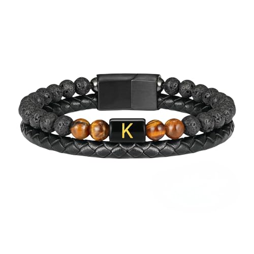 HUIANGLIYG Herren Lederarmband mit Tigerauge Stein und Initialen, Klassisch, Zweireihig, Geflochten, mit Dem Buchstaben Az, Schlichter, Handgefertigter Armreif, Schwarz, Geschenk für Ehemann, Vater HUIANGLIYG Herren Lederarmband mit Tigerauge Stein und Initialen, Klassisch, Zweireihig, Geflochten, mit Dem Buchstaben Az, Schlichter, Handgefertigter Armreif, Schwarz, Geschenk für Ehemann, Vater von HUIANGLIYG