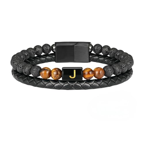 HUIANGLIYG Herren Lederarmband mit Tigerauge Stein und Initialen, Klassisch, Zweireihig, Geflochten, mit Dem Buchstaben Az, Schlichter, Handgefertigter Armreif, Schwarz, Geschenk für Ehemann, Vater HUIANGLIYG Herren Lederarmband mit Tigerauge Stein und Initialen, Klassisch, Zweireihig, Geflochten, mit Dem Buchstaben Az, Schlichter, Handgefertigter Armreif, Schwarz, Geschenk für Ehemann, Vater von HUIANGLIYG