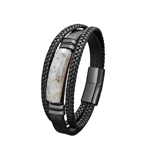 HUIANGLIYG Herrenarmband mit Naturstein, Handgefertigt, Mehrlagig, Geflochten, Echtes Lederarmband, Natürlicher Kristallsteinverschluss, Seilarmband, Armreif, Reike Schmuck, Geschenk für Sie und I von HUIANGLIYG