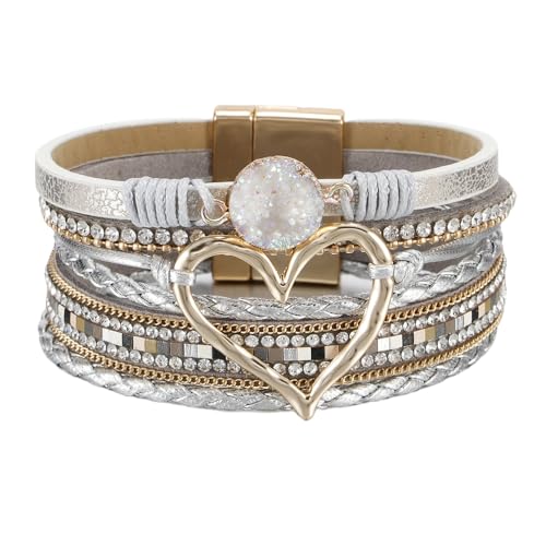 HUIANGLIYG Herz Wickelarmbänder Aus Leder, Mehrlagig, Boho Manschettenarmbänder, Natürliche Kristallperlen, Strass Armbänder mit Magnetverschluss, Ethnischer Stil, Breite Armbänder, Schmuck, Ge von HUIANGLIYG