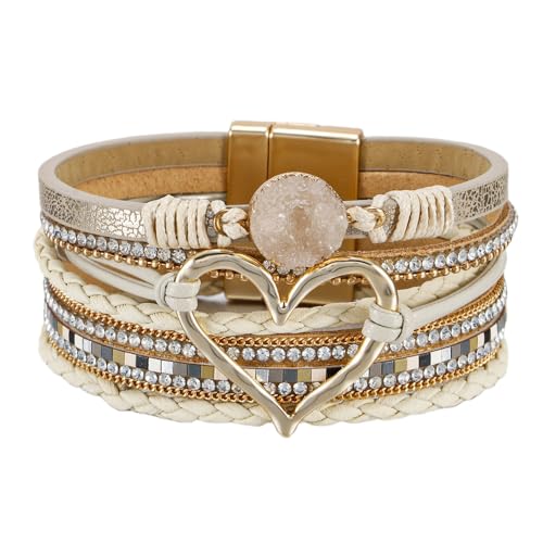 HUIANGLIYG Herzförmige Wickelarmbänder Aus Leder, Mehrlagig, Boho Manschettenarmbänder, Natürliche Kristallperlen, Strass Armbänder mit Magnetverschluss, Ethnischer Stil, Breite Armbänder, Sch von HUIANGLIYG