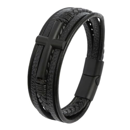 HUIANGLIYG Kreuzarmband für Männer und Frauen, Wikinger, Mehrlagig, Handgefertigt, Geflochten, Echtes Lederarmband mit Magnetverschluss, Klassischer Religiöser Kreuzarmreif für Den Täglichen Ge von HUIANGLIYG