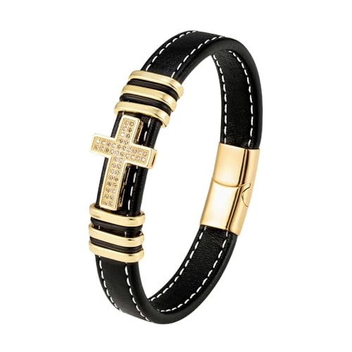 HUIANGLIYG Lederarmband Herren,Zirkon Kreuz Lederseil Armband für Herren, Klassisch, Handgefertigt, Geflochtenes Armband mit Magnetverschluss, Religiöser Glaube, Armreif, Geschenk für Weihnachten von HUIANGLIYG
