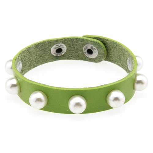 HUIANGLIYG Mehrfarbiges Lederarmband mit Kunstperlen für Damen, Verstellbar, Handgefertigt, Geflochten, mit Druckknopf, Punkrock Armreif, Schmuck, Geschenke für Teenager Mädchen, Grün von HUIANGLIYG