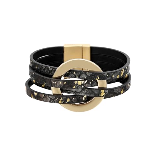 HUIANGLIYG Mehrlagiges Lederarmband für Damen mit Goldenem Kreisanhänger, Handgefertigt, Boho Stil, Kreuzgewebte Wickelarmbänder, Trendiges Statement Armband, Breites Schmuckgeschenk für Den All von HUIANGLIYG