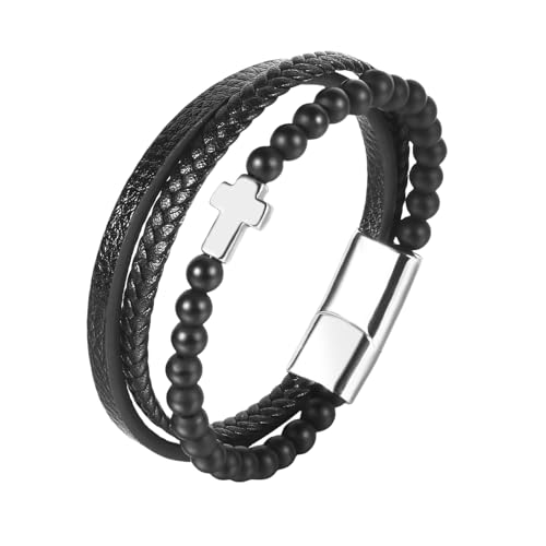 HUIANGLIYG Natursteinperlen Lederarmband für Herren Schwarz Mehrlagiges Kreuz Glaubensarmband Handgefertigt Gedreht Geflochten Amulett Armband Ostern Weihnachtsschmuck Geschenk mit Box Mattschwarze von HUIANGLIYG