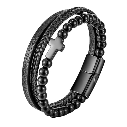 HUIANGLIYG Natursteinperlen Lederarmband für Herren Schwarz Mehrlagiges Kreuz Glaubensarmband Handgefertigt Geflochtenes Amulett Armband Ostern Weihnachtsschmuck Geschenk mit Box Schwarze Glasperle von HUIANGLIYG