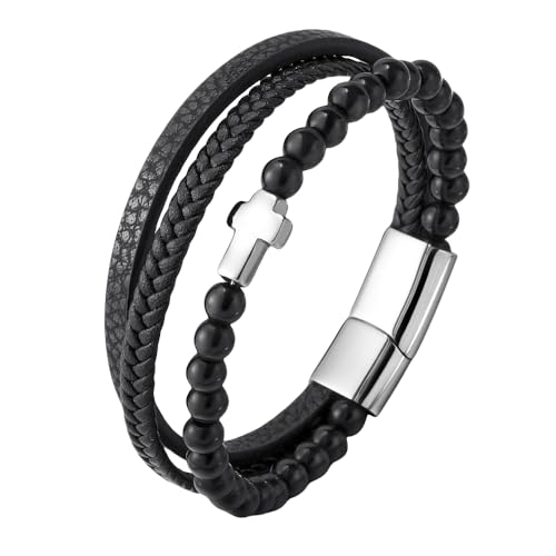 HUIANGLIYG Natursteinperlen Lederarmband für Herren Schwarz Mehrlagiges Kreuz Glaubensarmband Handgefertigt Geflochtenes Amulett Armband Ostern Weihnachtsschmuck Geschenk mit Box Schwarze Glasperle von HUIANGLIYG