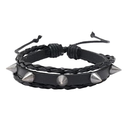HUIANGLIYG Nietenarmband für Männer und Frauen, Mehrlagig, Handgefertigt, Geflochtenes Lederarmband mit Spikes, Verstellbar, 80Er Jahre Punkrock Armreif, Gothic Schmuck, Halloween Accessoires, Sch von HUIANGLIYG