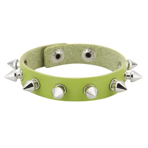 HUIANGLIYG Spikes Lederarmband für Männer und Frauen, Verstellbar, Handgefertigt, Geflochten, mit Nieten Besetzt, mit Druckknopf, Punkrock Wickelarmreif für Halloween, Nachtclub, Grün von HUIANGLIYG