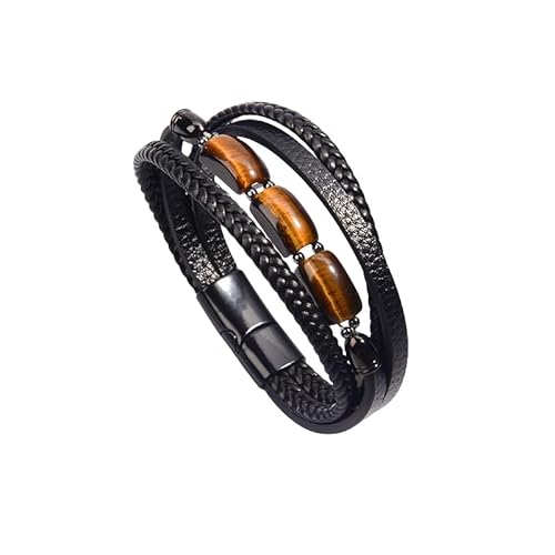 HUIANGLIYG Tigerauge Stein, Schwarzes Lederarmband für Damen und Herren, Mehrschichtig Gewebtes Lederseilarmband, Retro Punk, Handgefertigtes Amulett Armband, Geschenk Von Der Mutter An Den Sohn, S von HUIANGLIYG
